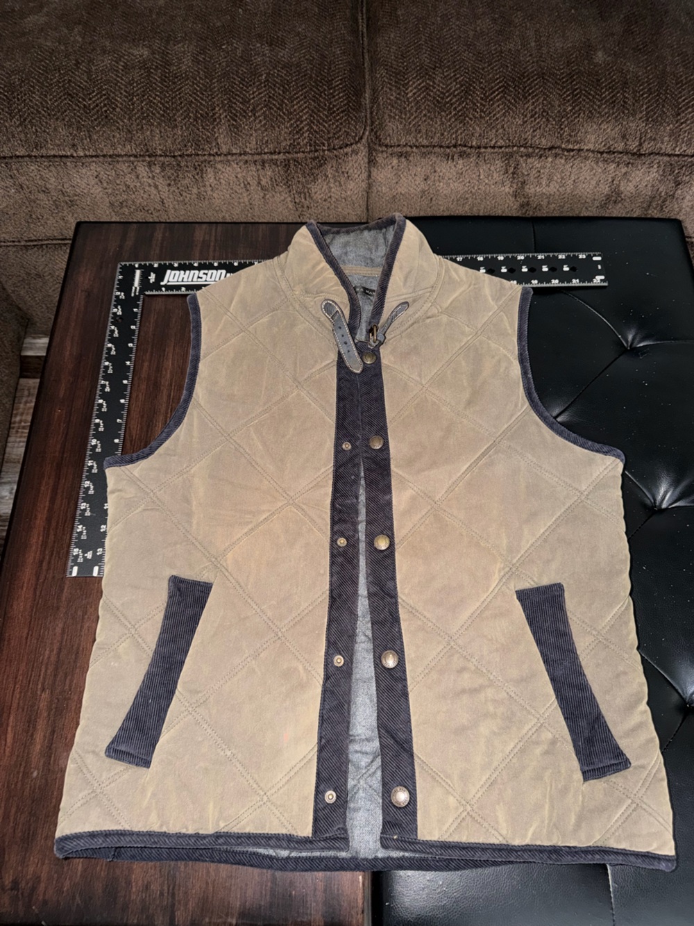 Zara Tan Quilted Vest with Dark Brown Trim Utility Vest